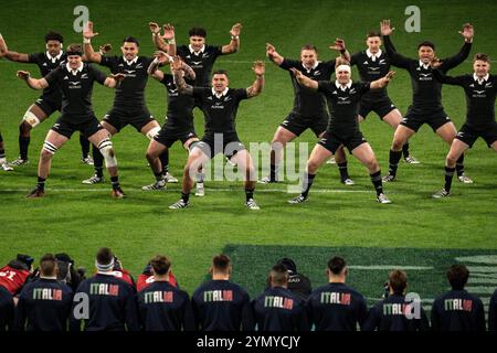 Torino, Italien. November 2024. Neuseeländische Spieler führen ein Haka vor dem internationalen Rugby union-Testspiel der Autumn Nations Series zwischen Italien und Neuseeland im Allianz Stadium in Turin, Italien - News - Samstag, 23. November 2024. (Foto: Marco Alpozzi/Lapresse) Credit: LaPresse/Alamy Live News Stockfoto