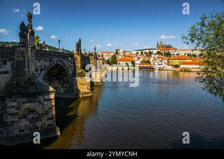 Ikonischer Blick auf die Prager Burg von der Karlsbrücke mit dekorativem Eisen und historischen Statuen Stockfoto