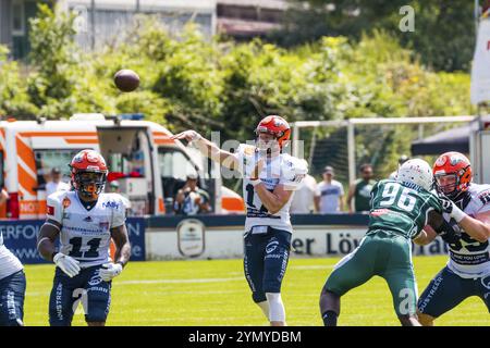 Deutsche Fußballliga, Spiel: Schwaebisch Hall Einhörner, Ravensburg Razorbacks im Optima Sportpark in Schwaebisch Hall Deutschland am 29. Juni. 2024 Stockfoto