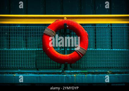 Leuchtend roter Lifebuoy, montiert auf einer bunten Schiene mit industriellem Hintergrund Stockfoto