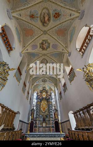 Kirchenschiff mit Deckenfresken und Hochaltar, ehemalige Stiftskirche St. Peter, römisch-katholische Pfarrkirche, Bad Waldsee, Oberschwaben, Baden- Stockfoto