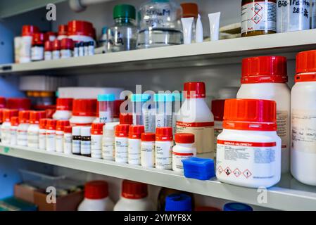 Organisierte chemische Reagenzien und Behälter auf Laborregalen, Hintergrund im Biochemie-Labor Stockfoto