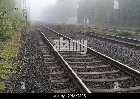Eisenbahngleise verschwinden im Nebel Stockfoto
