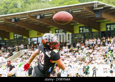 Deutsche Fußballliga, Spiel: Schwaebisch Hall Einhörner, Saarland Hurrikane im Optima Sportpark in Schwaebisch Hall Deutschland am 08. Juni. 2024 Stockfoto