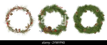 Set von Weihnachtskränzen aus Kiefern- und Tannenzweigen mit Kegeln und Beeren. Digitale Illustration mit Aquarell. Neujahrsdekoration aus Nadelholz Stockfoto
