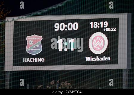 Unterhaching, Deutschland. November 2024. Die Anzeigetafel, Videowand zeigt das Endergebnis, 23.11.2024, Unterhaching (Deutschland), Fussball, 3. LIGA, SPVGG UNTERHACHING - SV WEHEN WIESBADEN, DFB/DFL-VORSCHRIFTEN VERBIETEN DIE VERWENDUNG VON FOTOGRAFIEN ALS BILDSEQUENZEN UND/ODER QUASI-VIDEO. Quelle: dpa/Alamy Live News Stockfoto