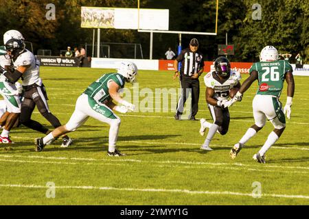 erima GFL / Deutsche Fußball-Liga, Viertelfinalspiel: Schwaebisch Hall Einhörner - Berliner Rebellen im Optima Sportpark in der Schwaebisch Hall Stockfoto