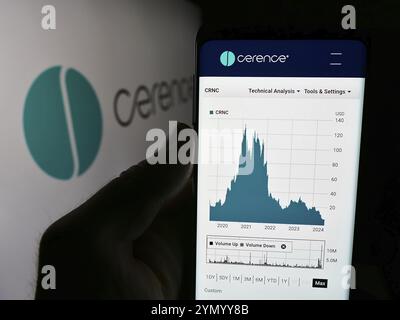 Stuttgart, Deutschland, 07.06.2024: Person, die ein Mobiltelefon hält, mit Webseite des US-amerikanischen Automobilsoftwareunternehmens Cerence Inc. Vor dem Firmenlogo. Fokus Stockfoto