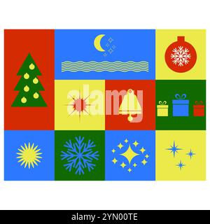 Vektor Frohe Weihnachten und Happy Holiday Grußkarte mit Sternen, Geschenk, Bälle, Box, Mond, Sonne, Baum, Schneeflocke. Feliz Navidad. Frohes Neues Jahr. Stock Vektor