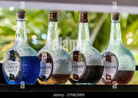 Vier Sorten Curaçao-Likör von Senior & Co: Der echte Curaçao-Likör (blau), Amarein (Tamarinde), Fi Kòrsou (Kaffee) und Shukulati (Schokolade). Der weltberühmte blaue Triple Sec erhält seine Farbe aus Lebensmittelfarbe. Auf der Insel selbst verkaufen sich die Tamarinde- und Kaffeevarianten besser. Senior & Co. produziert den Likör seit dem 19. Jahrhundert aus der Schale der Laraha-Orange (Citrus aurantium), einer bitteren Orange, die auf Curaçao heimisch ist. Landhuis Chobolobo, Willemstad, Curaçao. Stockfoto