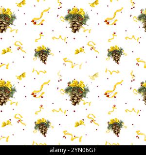 Tannenzapfen mit Kiefern- und Tannenzweigen mit Schleife auf nahtlosem Muster. Digitale Illustration mit Aquarell. Weihnachtskomposition, Schlangenband Stockfoto