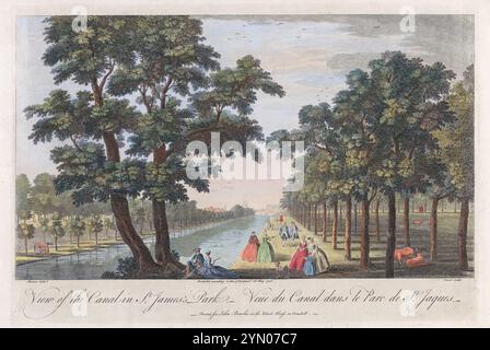 Ein gedruckter Farbstich der allgemeinen Ansicht des Kanals im St James's Park London aus der historischen Perspektive des 18. Jahrhunderts mit einem alten antiken Aquarell-Druck, der von Pierre Charles Canot nach John Maurer veröffentlicht wurde. St. James Park Stockfoto