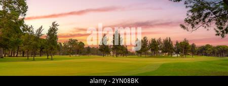 Ein atemberaubender Golfplatz, umgeben von Bäumen und beleuchtet von den lebhaften Farben eines ruhigen Sonnenuntergangs Himmel. Stockfoto