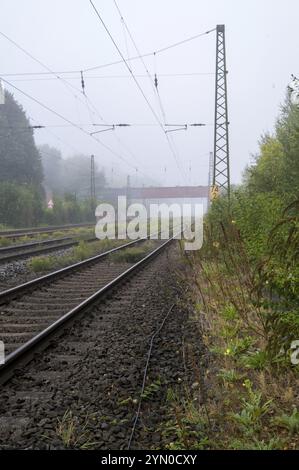 Eisenbahngleise verschwinden im Nebel Stockfoto