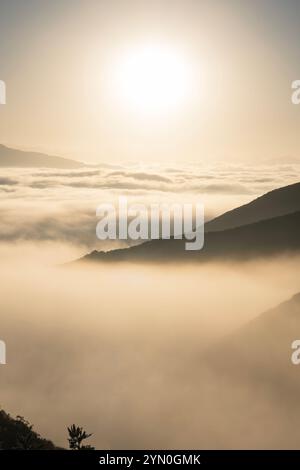Bernsteinfarbener Sonnenaufgang über niedrigen Wolken und Bergrücken in Los Angeles, Kalifornien. Vertikale Ansicht Stockfoto
