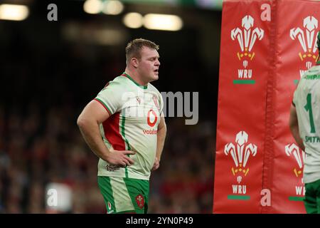 Cardiff, Großbritannien. November 2024. Dewi Lake of Wales sieht niedergeschlagen aus. Wales gegen Südafrika, 2024 Spiel der Autumn Nations im Principality Stadium in Cardiff am Samstag, 23. November 2024. bild von Andrew Orchard/Andrew Orchard Sportfotografie/Alamy Live News Credit: Andrew Orchard Sportfotografie/Alamy Live News Stockfoto