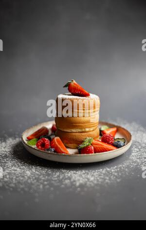 Ein Stapel flauschiger japanischer Pfannkuchen, serviert mit frischen Erdbeeren, Himbeeren, Heidelbeeren und einem Stäuben Puderzucker auf einer Keramikplatte Stockfoto