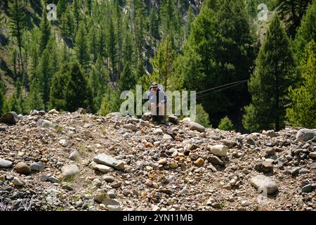 Fischen am Yankee Fork des Salmon River Stockfoto