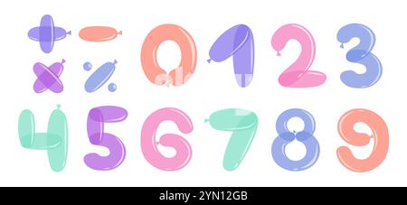 Stücklistensymbol-Nummern festgelegt. Bunte Buchstaben und mathematische Zeichen. Berechnung und Mathematik. Schriftart und Schriftart. Grafikelement für Website. Flach Stock Vektor