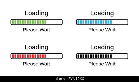 Rechteckige Leiste Laden Bitte warten Symbol in vier verschiedenen Farben gesetzt. Infografiken der Fortschrittsleiste werden zu 70 Prozent geladen. Bitte warten. Stock Vektor