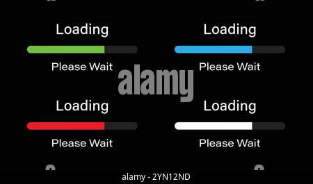 Symbol für das Laden von abgerundeten Balken bitte warten in vier verschiedenen Farben: Grün, Blau, Rot und weiß. 70 Prozent werden geladen. Bitte warten Sie auf den Fortschrittsbalken. Stock Vektor