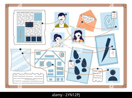 Detectives Evidence Board. Bilder von Menschen, Fußabdrücke und Karte. Polizeiliche Ermittlungen und Suche nach Kriminellen. Polizeiabteilung. Linearer Vektor Stock Vektor