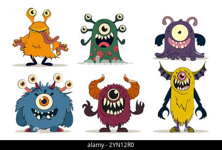 Lustiges Monster-Set. Gelbe, grüne und blaue Dämonen und Teufel. Fantasie und Fantasie, fiktive Charaktere. Aufkleber für soziale Netzwerke. Flacher Vektor Stock Vektor