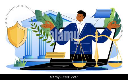 Professioneller Rechtsanwalt online. Mann auf dem Laptop-Bildschirm in der Nähe von Richterwaagen. Rechtsberater und Berater im Internet. Rechtsprechung und Urteilsvermögen. Flach Stock Vektor
