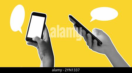 Collage-Banner wird gerendert. Mit der Hand das Handtelefon halten Stockfoto