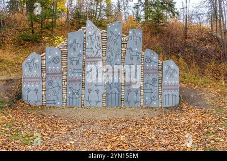 Edmonton, Kanada, 26. Oktober 2024: „Preparing to Cross the Sacred River“-Kunstwerk von Marianne Nicolson im Edmonton's Indigenous Art Park in der Herbstsaison Stockfoto