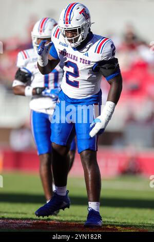 Fayetteville, USA. 23. November 2024: Jessie Evans #2 Louisiana Tech Defensive Lineman kommt an die Linie. Arkansas besiegte die Louisiana Tech 35-14 in Fayetteville, AR. Richey Miller/CSM Credit: CAL Sport Media/Alamy Live News Stockfoto