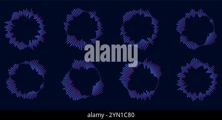 Satz von Symbolen für kreisförmige Welligkeit. Konzentrische Kreise mit unterbrochenen Linien, die auf weißem Hintergrund isoliert sind. Vortex, Sonarwelle, Schallwelle, Sonnenschein, Signalzeichen Stock Vektor