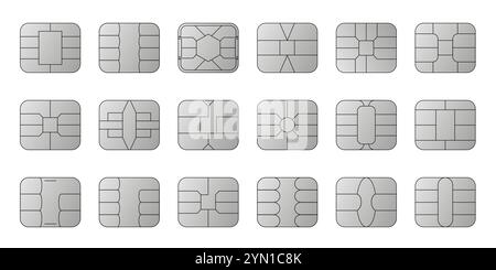 EMV-Chip silberne Vektorsymbole. Kontaktlose Bezahlung an Terminals und Geldautomaten. Legen Sie das nfc-Symbol für die Linie fest. Quadratische Computer-Mikrochips für Kreditkarten. Stock Vektor