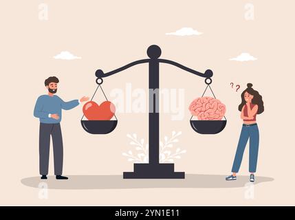 Gleichgewicht zwischen Gehirn und Herz. Psychische und körperliche Gesundheitskonzepte. Mann und Frau vergleichen Logik und Emotionen auf Skalen. Vektorabbildung Stock Vektor