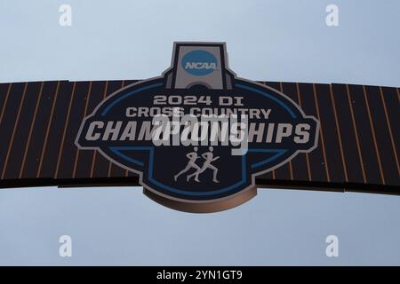 Madison, Wisconsin, USA. November 2024. Das Logo der NCAA Cross Country Championships 2024 an der Ziellinie auf dem Thomas Zimmer Championship Course, Samstag, 23. November 2024, in Madison, Wisc. Quelle: Kirby Lee/Alamy Live News Stockfoto