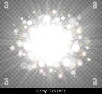 Hell leuchtender Blitz aus weißem, goldenem Licht mit Lichtern und Strahlen, Funken und Sternenstaub. Transparenter Sonnenlichteffekt. Stock Vektor
