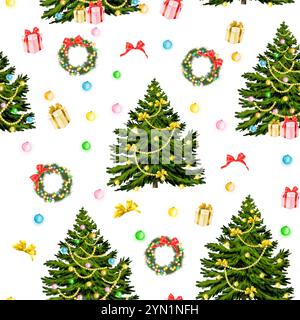 Weihnachtsbäume mit farbenfrohen Lichtern und Girlanden auf nahtlosem Muster. Digitale Illustration mit Aquarell. Neujahrsgeschenke und Weihnachtskränze Stockfoto