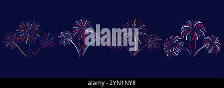 Buntes, explodierendes Feuerwerk auf dunklem Hintergrund. Set aus verschiedenen Feuerwerken in Rot, Blau, Gelb und weiß. Stock Vektor