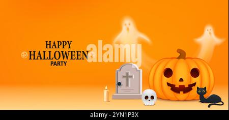 Happy Halloween Poster Banner. Großer Kürbis mit Geistern, Grab mit Spinne auf Netz und Kerze, Schädel mit leuchtenden Augen, schwarze Katze. Halloween-Feier Stock Vektor