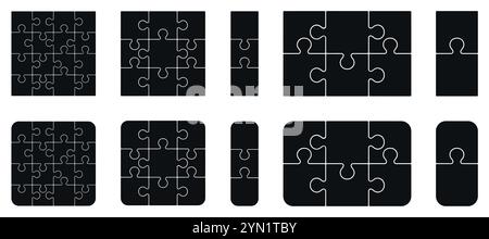 Puzzleteile 2, 3x2, 3, 3x3, 4x4 isoliert auf weißem Hintergrund. Vektor-Vorlage Puzzle mit rechtwinkligen, abgerundeten. Stock Vektor