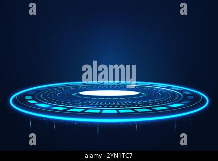 Leere hellblaue kreisförmige Portalszene im futuristischen Stil. Leuchtendes energetisches Licht, rundes Hologramm. Stock Vektor