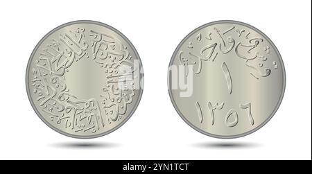 1 Qirsh von Saudi-Arabien. Übersetzung: "König des Königreichs Saudi-Arabien, Abd al-'Aziz al-Sa'ud", "ein Qirsh, 1, 1357". Vor und zurück von Saudi Stock Vektor