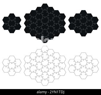 Puzzleteile 7, 30, 14 isoliert auf weißem Hintergrund. Vektormodell einer sechseckigen Stichsäge mit rechtwinkligem Winkel Stock Vektor
