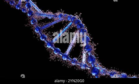 Lebendige digitale, komplexe Struktur einer DNDoppel-Helix, hervorgehoben durch blaue Kugeln. 3D-Rendering Stockfoto