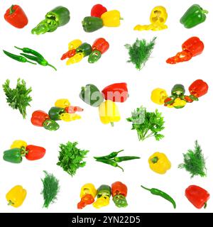 Collage-süßen bunten Paprika mit Dill und Petersilie. Isoliert Stockfoto