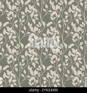 Zweig- und Blattstruktur, moderner nahtloser Vektormuster-Hintergrund der Mitte des Jahrhunderts. Eleganter, handgezeichneter Pinselstil mit überlappendem Laubhintergrund. Dicht Stock Vektor