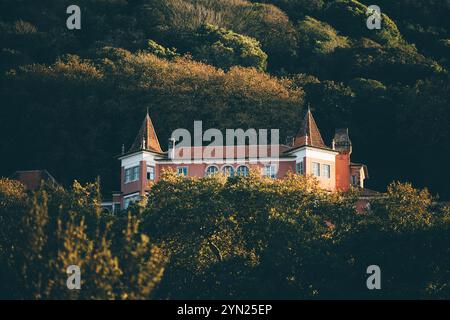 Eine malerische rosafarbene historische Villa mit spitzen Dächern, eingebettet zwischen üppigen grünen Bäumen bei Sonnenuntergang in Sintra, Portugal. Das Gebäude ist ein charmanter Archit Stockfoto