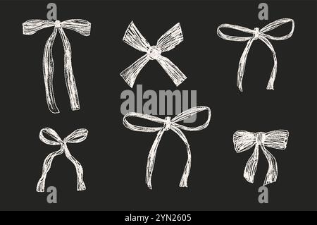 Buntstift-Schleifensatz. Kreideweiße Zeichenkettensammlung. Vektorillustration isoliert auf schwarzem Hintergrund. Stock Vektor