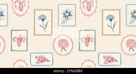 Bauernhaus Moderne Blume im Retro Vintage geometrischen Rahmen endlosen Hintergrund. Blumenversion mit Wildblumenmotiv. Nahtloses indisches Chintz-Muster Stock Vektor