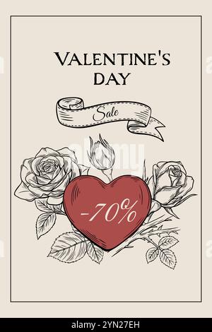 Poster, Banner, Rabatt, Verkauf zum Valentinstag. Skizzieren Sie im Stile der Gravur. Vektor Stock Vektor